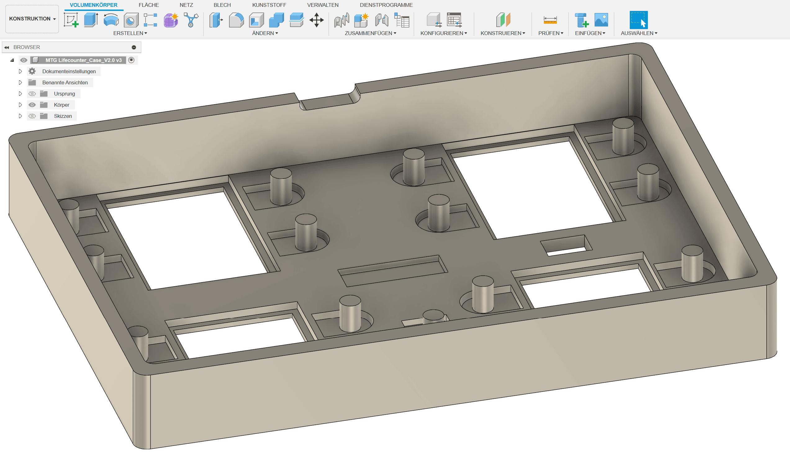 Ein 3D-Modell eines Elektronikgehäuses, modelliert in Fusion360
